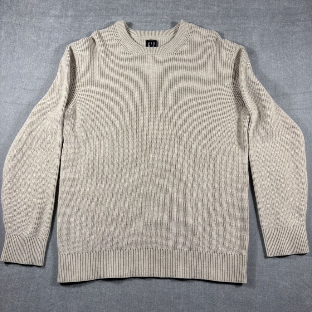 Gap Mens XL Beige Shaker Stitch Ribbed Crewneck 100% Cotton Sweater Oatmeal
